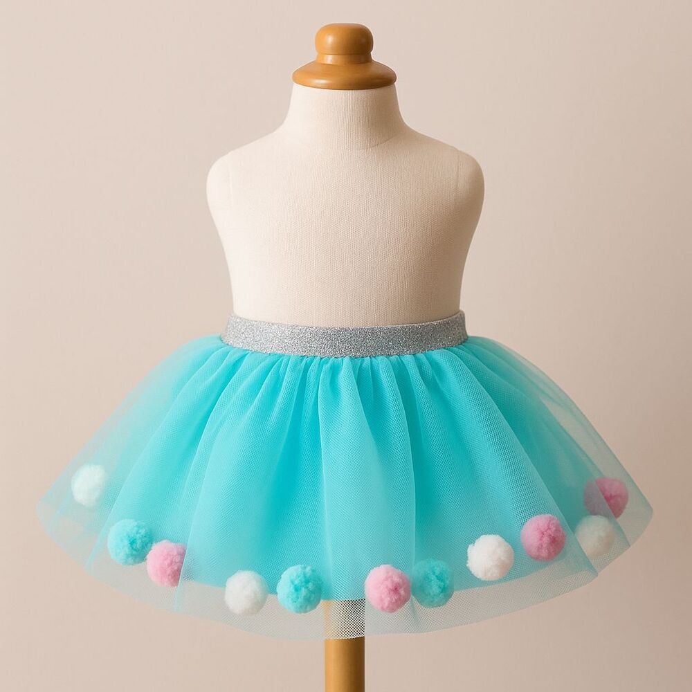 Wonder Nation Baby Girl Tutu Skirt Blue Silver Pom Pom 12M Birthday